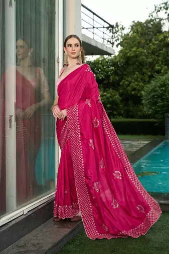 Silk blend pink floral zari cut-work  border sarees