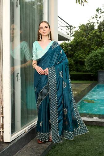Silk blend teal floral zari cut-work  border sarees