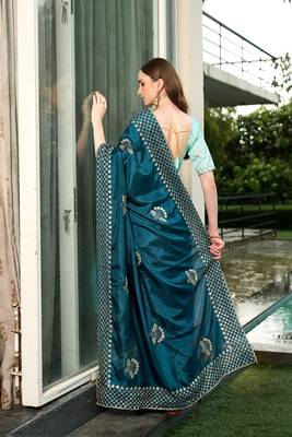 Silk blend teal floral zari cut-work  border sarees 2