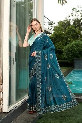 Silk blend teal floral zari cut-work  border sarees 3