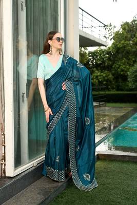 Silk blend teal floral zari cut-work  border sarees 4