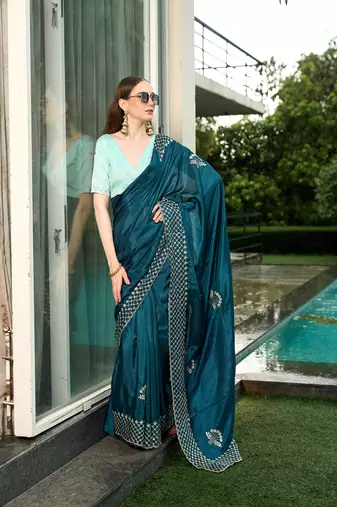 Silk blend teal floral zari cut-work  border sarees