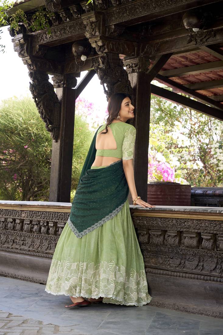 Green Sequins Gold Crush Fabric  Lehenga Choli With Dupatta