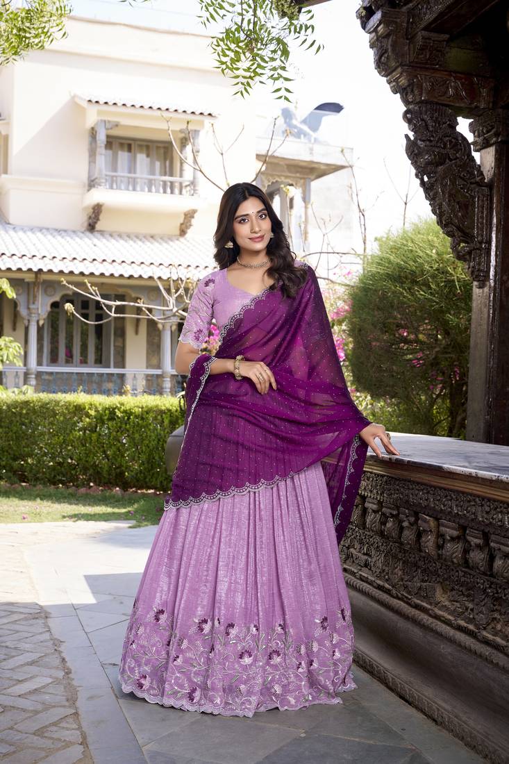 Purple Sequins Gold Crush Fabric  Lehenga Choli With Dupatta