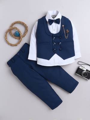 Boys cotton blend solid 4-piece suit set with waistcoat, shirt, pant, bowtie - deep blue 1