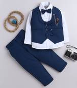Boys cotton blend solid 4-piece suit set with waistcoat, shirt, pant, bowtie - deep blue