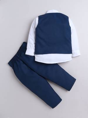 Boys cotton blend solid 4-piece suit set with waistcoat, shirt, pant, bowtie - deep blue 2