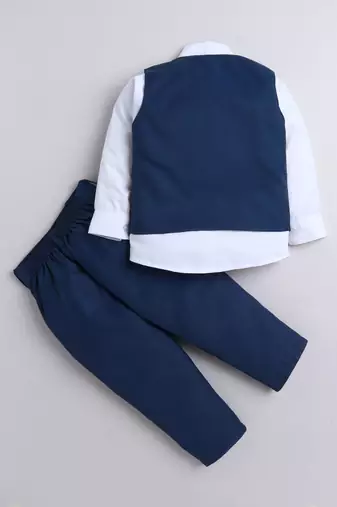 Boys cotton blend solid 4-piece suit set with waistcoat, shirt, pant, bowtie - deep blue