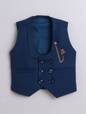 Boys cotton blend solid 4-piece suit set with waistcoat, shirt, pant, bowtie - deep blue 3