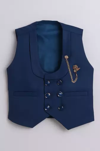 Boys cotton blend solid 4-piece suit set with waistcoat, shirt, pant, bowtie - deep blue