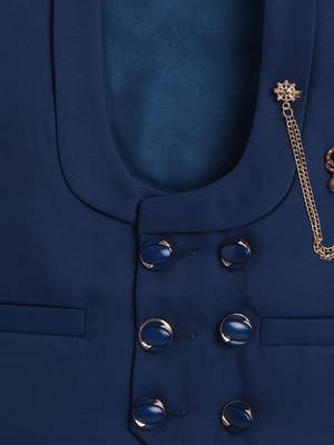 Boys cotton blend solid 4-piece suit set with waistcoat, shirt, pant, bowtie - deep blue 4