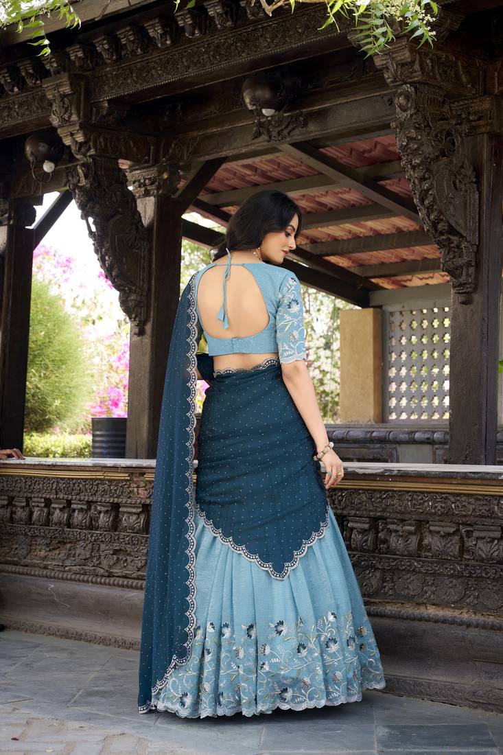 Sky Blue Sequins Gold Crush Fabric  Lehenga Choli With Dupatta