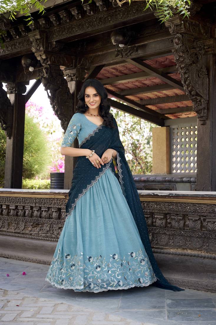 Sky Blue Sequins Gold Crush Fabric  Lehenga Choli With Dupatta