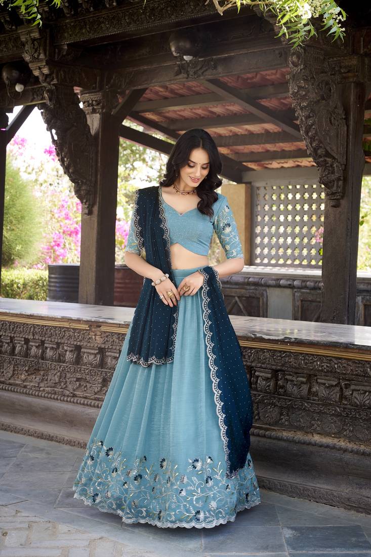 Sky Blue Sequins Gold Crush Fabric  Lehenga Choli With Dupatta