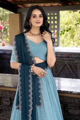 Sky Blue Sequins Gold Crush Fabric  Lehenga Choli With Dupatta 6