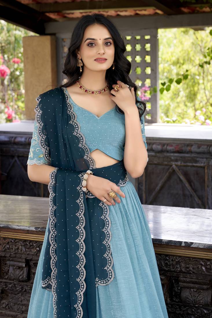 Sky Blue Sequins Gold Crush Fabric  Lehenga Choli With Dupatta