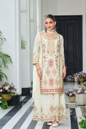 White embroidered chinon palazzo salwar suit