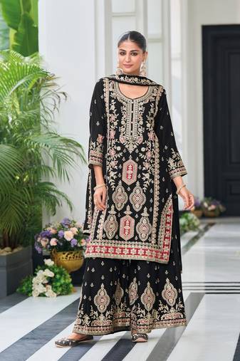 Black embroidered chinon palazzo salwar suit