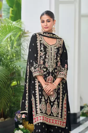 Black embroidered chinon palazzo salwar suit