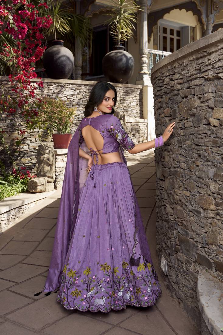Lavender Vichitra Simmer Embroidered Lehenga Choli with Dupatta