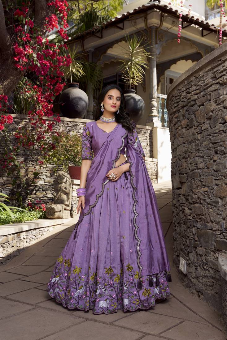 Lavender Vichitra Simmer Embroidered Lehenga Choli with Dupatta