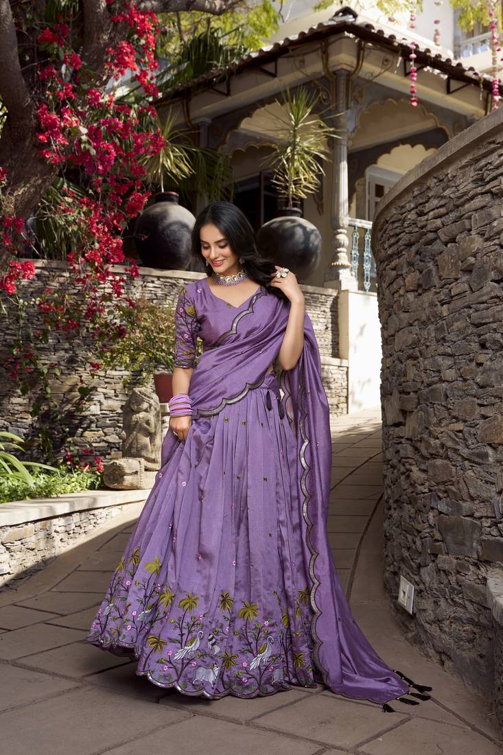 Lavender Vichitra Simmer Embroidered Lehenga Choli with Dupatta