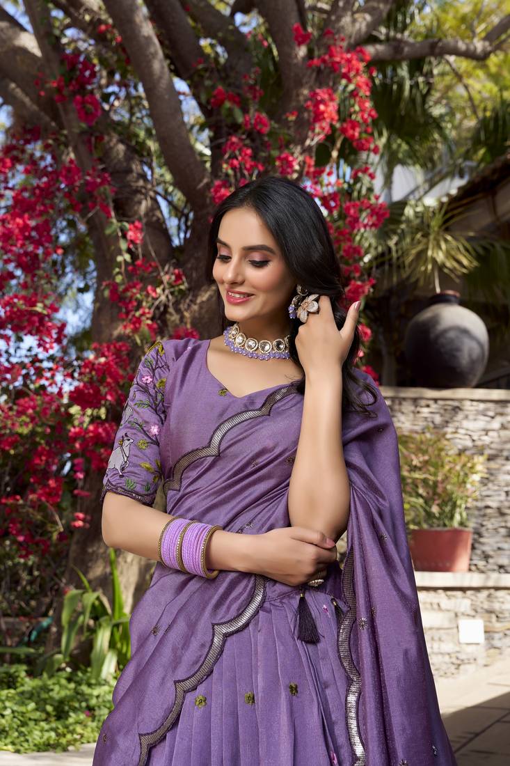 Lavender Vichitra Simmer Embroidered Lehenga Choli with Dupatta