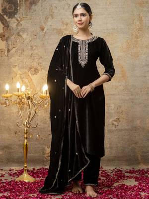 Black color velvet fabric designer embroidery work beautiful partywear suit 1