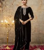 Black color velvet fabric designer embroidery work beautiful partywear suit