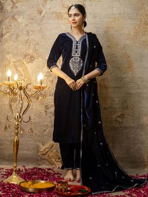 Blue color velvet fabric designer embroidery work beautiful partywear suit 1