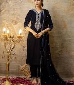 Blue color velvet fabric designer embroidery work beautiful partywear suit