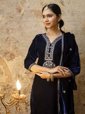 Blue color velvet fabric designer embroidery work beautiful partywear suit 3