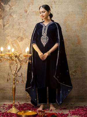 Blue color velvet fabric designer embroidery work beautiful partywear suit 4