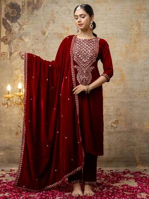 Maroon color velvet fabric designer embroidery work beautiful partywear suit 1