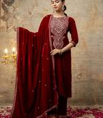 Maroon color velvet fabric designer embroidery work beautiful partywear suit