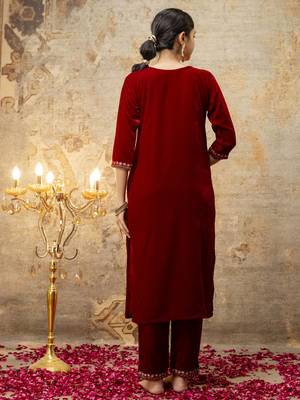Maroon color velvet fabric designer embroidery work beautiful partywear suit 2