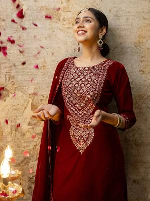 Maroon color velvet fabric designer embroidery work beautiful partywear suit 3