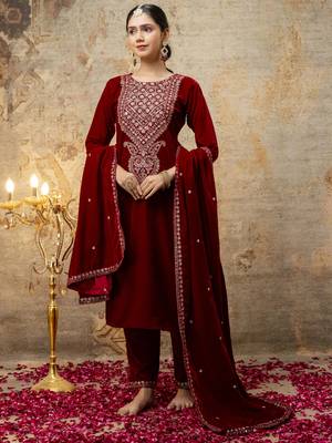 Maroon color velvet fabric designer embroidery work beautiful partywear suit 4