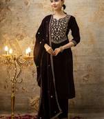 Purple color velvet fabric designer embroidery work beautiful partywear suit