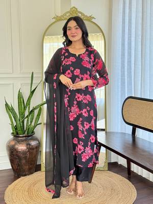 Black color georgette fabric printed smart readymade kurta set 1