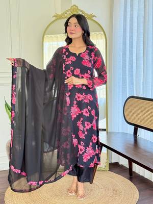 Black color georgette fabric printed smart readymade kurta set 4