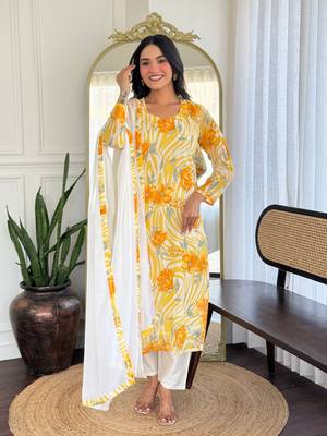 Mustard color georgette fabric printed smart readymade kurta set 1