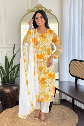 Mustard color georgette fabric designer printed smart readymade kurta set