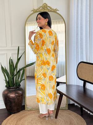 Mustard color georgette fabric printed smart readymade kurta set 2