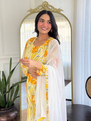 Mustard color georgette fabric printed smart readymade kurta set 3