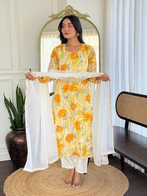 Mustard color georgette fabric printed smart readymade kurta set 4