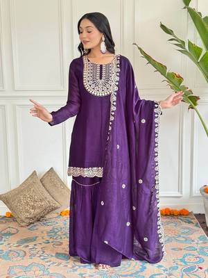 Wine color vichitra silk embroidery smart readymade kurta set 1