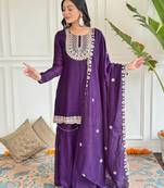 Wine color vichitra silk fabric embroidery work smart readymade kurta set