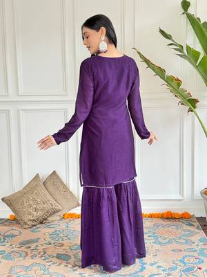 Wine color vichitra silk embroidery smart readymade kurta set 2