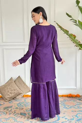 Wine color vichitra silk embroidery smart readymade kurta set